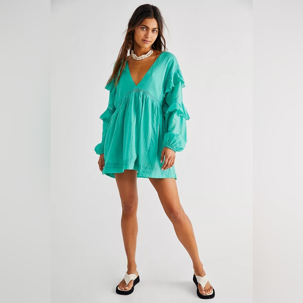 Free People Beachy Seashell Teal Romper with Long Sleeves